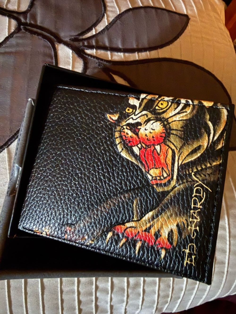 ED HARDY Black Bi-Fold Wallet with Tiger Graphic and Red Accents In A Gift Box.